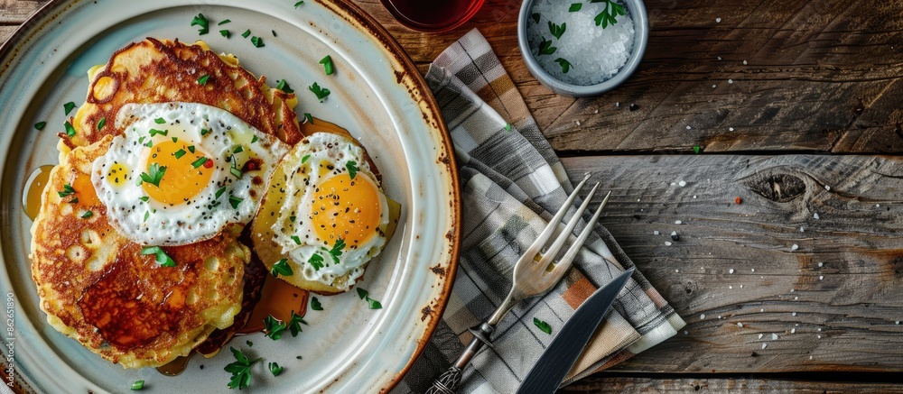 Poster overhead view of potato pancakes and hash browns on a plate with copy space image.