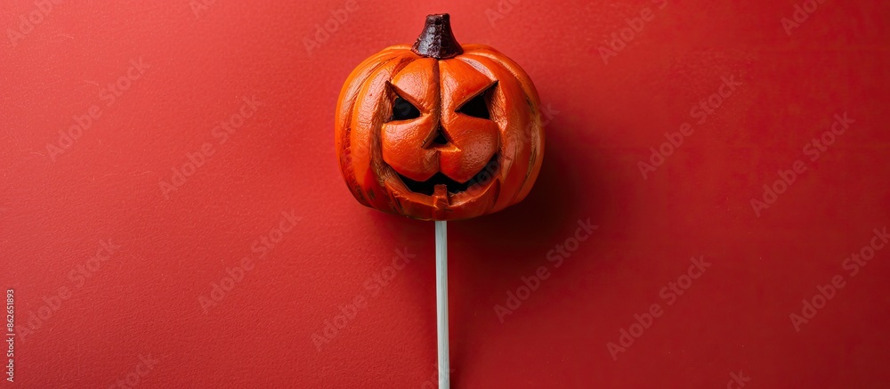 Poster a pumpkin-shaped wooden skewer for halloween displayed on a red background with a copy space image.