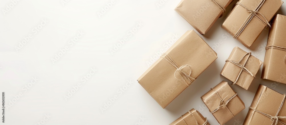 Aufkleber box of brown paper parcels prepared for shipment, isolated on a white background with visible copy s