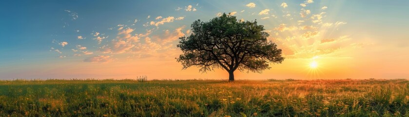 Obraz premium Silhouette of a tree in a field at sunset.