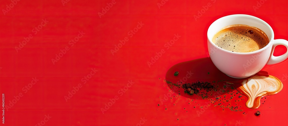 Poster spilled espresso cup on a red backdrop with copy space image available.