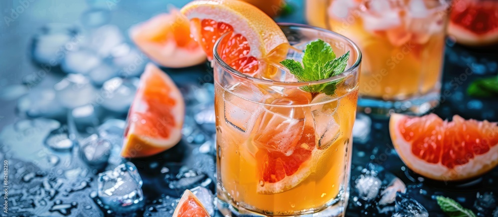 Poster cold summer cocktails such as grapefruit lemonade served in a glass with ice cubes and copy space im