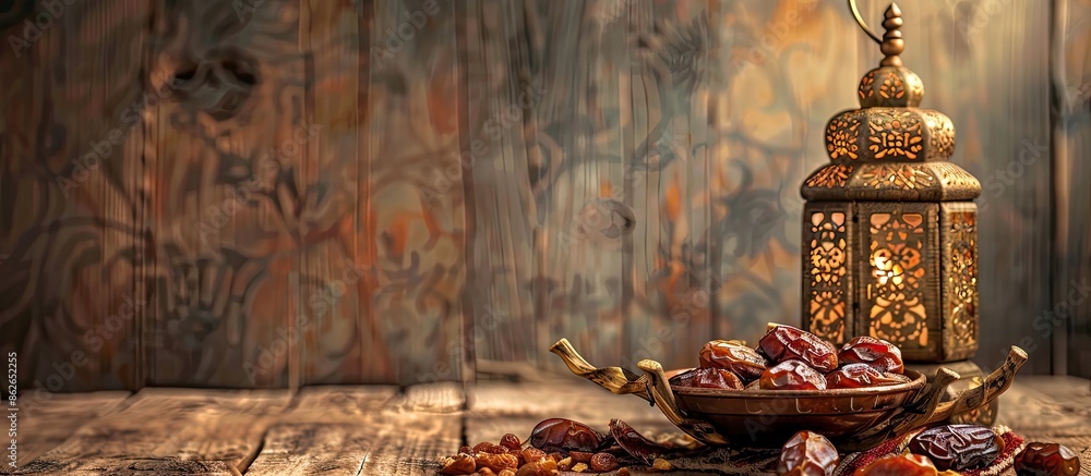 Poster Table topped with delicious dates and an elegant Muslim lamp, with a blank space for adding an image. Copy space image. Place for adding text and design