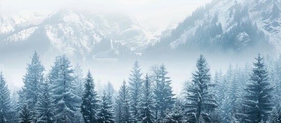 Fototapeta premium Snowy mountains in winter offer a peaceful retreat with deep, snow-covered forests and white tree tops against a serene backdrop with a copy space image.