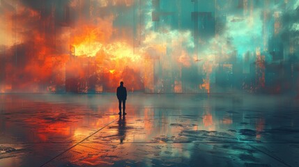 Fototapeta premium A solitary figure stands amidst a vibrant, ethereal landscape of swirling colors and reflections. The sky is ablaze with fiery orange and cool blue hues.