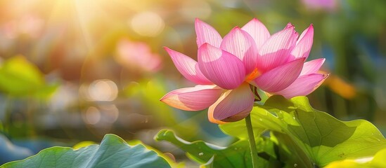 Obraz premium Detailed shot of a vibrant pink lotus flower in sunlight against a soft focus green leaf backdrop, conveying tranquility and serenity in a religious context, with room for text or other elements in