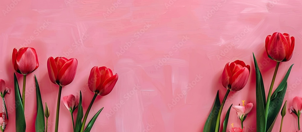 Aufkleber Top view of red tulips on a pink surface with space for text or other images. Copy space image. Place for adding text and design