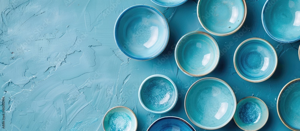 Poster light blue background with empty ceramic bowls, providing plenty of copy space for text.