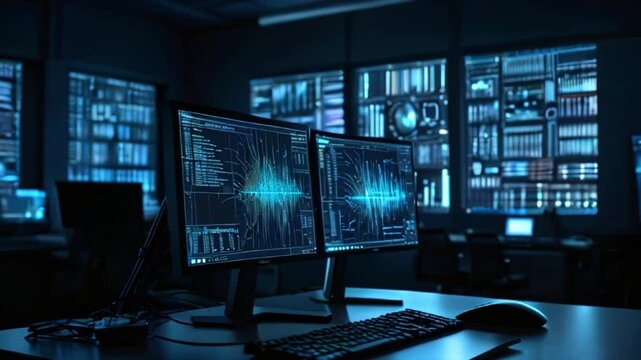 A dark room with multiple computer monitors displaying lines of code and a globe graphic.