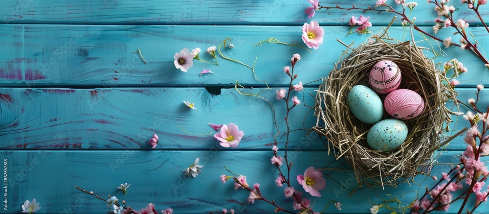 Aufkleber easter-themed scene with flower-adorned eggs in nest on blue wood backdrop. perfect for text. copy s