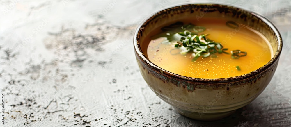 Poster A flavorful cup of miso soup displayed on a plain white surface with ample copy space image.