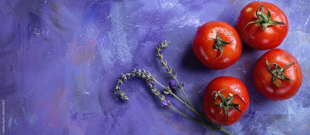 Poster fresh vegetables including three vibrant red tomatoes and a sprig of lavender are displayed on a pur