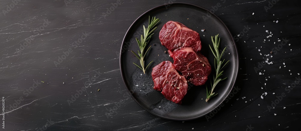 Poster top view of a plate with garnished striploin or new york beef steaks on a black background, with amp