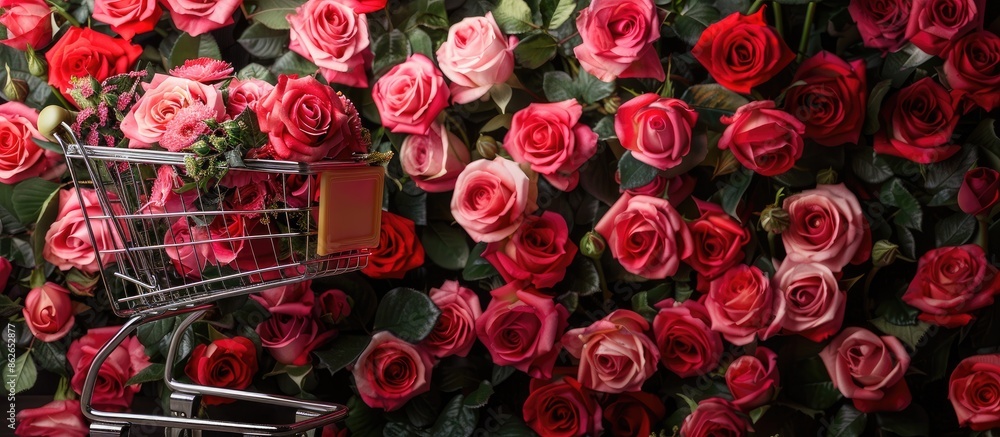 Aufkleber Items placed in a shopping cart against a backdrop of roses, with an empty space perfect for adding an image. Copy space image. Place for adding text and design
