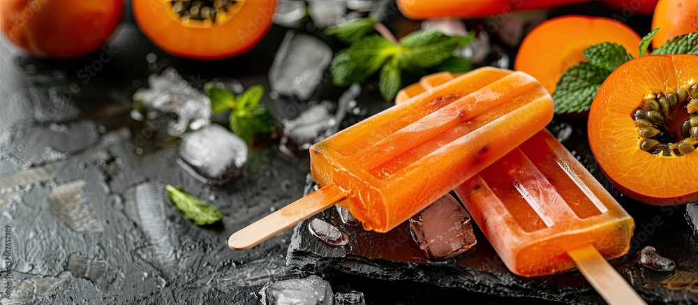 Poster selective focus on homemade fruit popsicle featuring persimmon and mint in a copy space image.