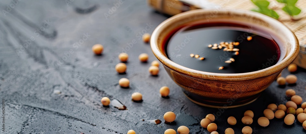 Poster Japanese soy sauce and uncooked soybeans in a copy space image.