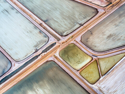 Aerial view of salt works and pools in Useless Loop, Shark Bay, Western Australia, Australia.