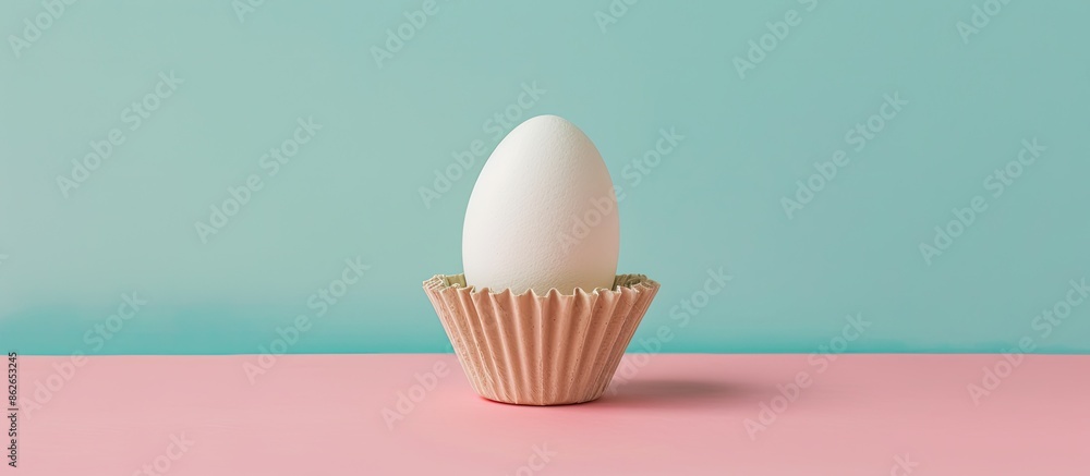 Poster minimal easter-themed creative concept featuring a white egg in a paper baking cup against a pastel 