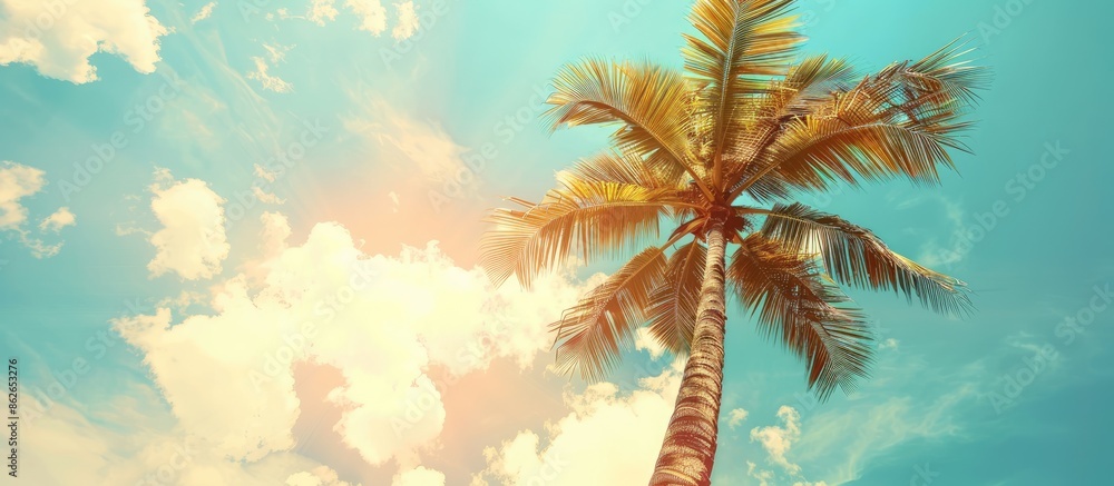 Poster tropical palm tree with sunlight against a blue sky and clouds creates a serene background for vacat