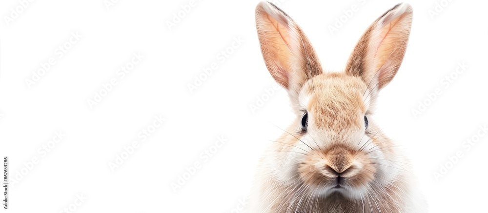 Poster A dwarf breed rabbit, with copy space image, facing forward on a white background.
