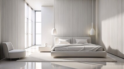 Elegant Minimalistic Bedroom with a Symmetrical Design. The bedroom exudes a sense of tranquility and simplicity, with a bed that features a white headboard and matching bedding. 