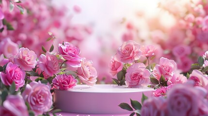 Pink Roses with a Pink Pedestal in a Floral Setting