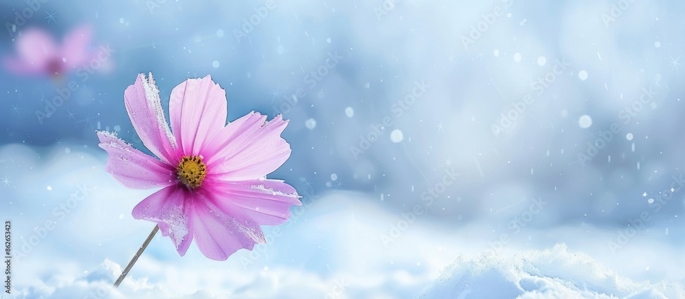 Poster cosmos flower blooming in a snowy field with copy space image.