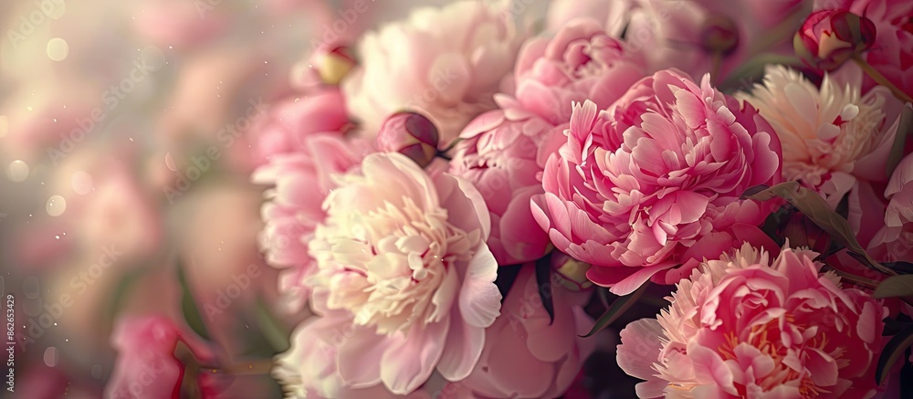 Poster A greeting card design featuring a beautiful bouquet of peonies with ample copy space image for text.