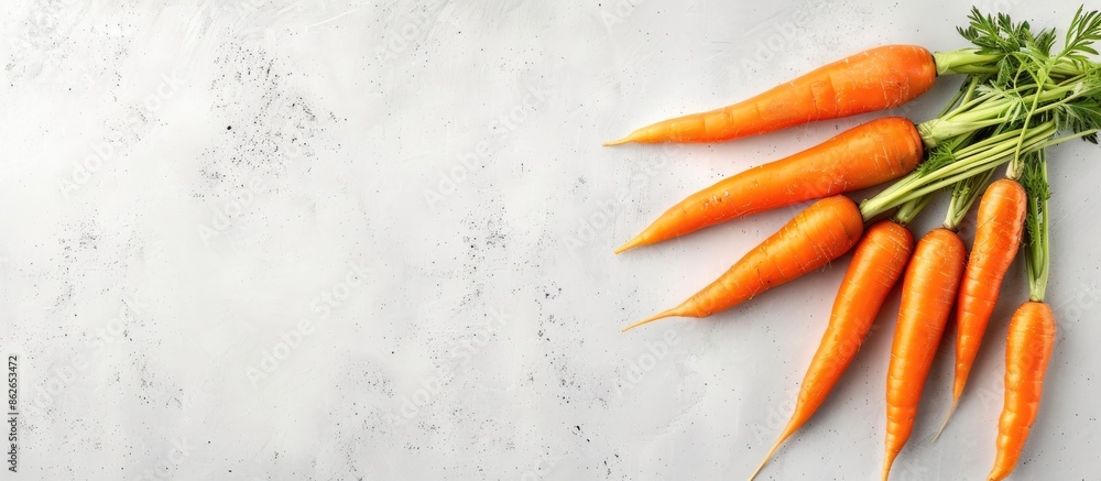 Poster orange carrots on white background with copy space image.
