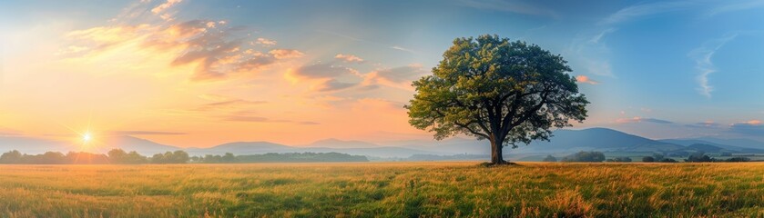 Fototapeta premium A lone tree stands in a field at sunrise, with a picturesque sky in the background.