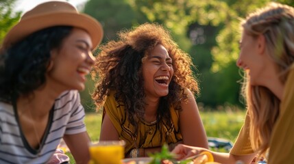 Three friends enjoy a sunny afternoon picnic, sharing laughter and good times