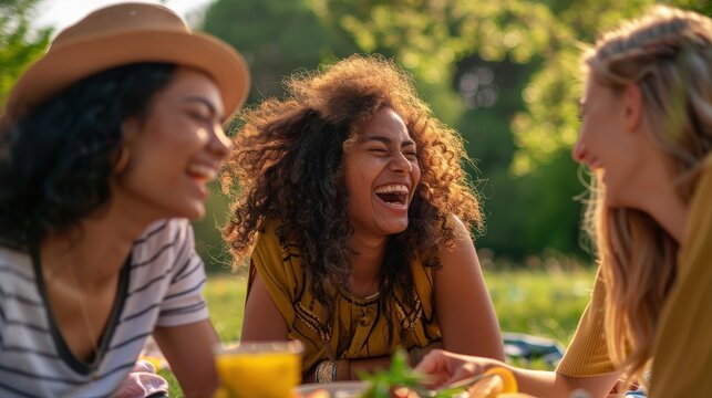 Three friends enjoy a sunny afternoon picnic, sharing laughter and good times