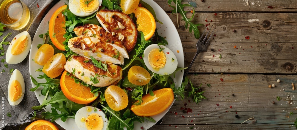 Poster on a wooden table, view from above, a nutritious diet menu including chicken salad, egg pancakes, or