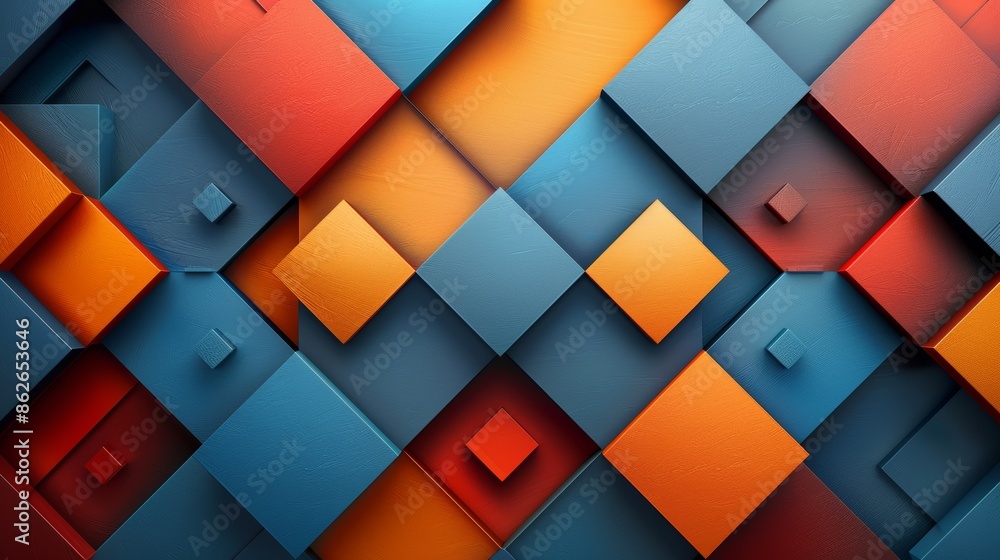 Poster abstract geometric pattern with blue, orange and red squares. modern design with 3d effect. suitable