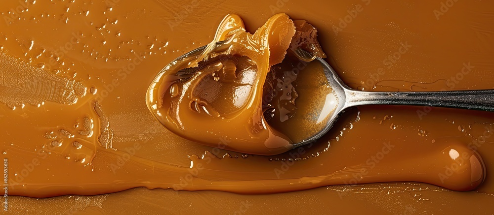 Poster close-up shot of a spoon scooping up delicious salted caramel, with a blank area for adding text or 