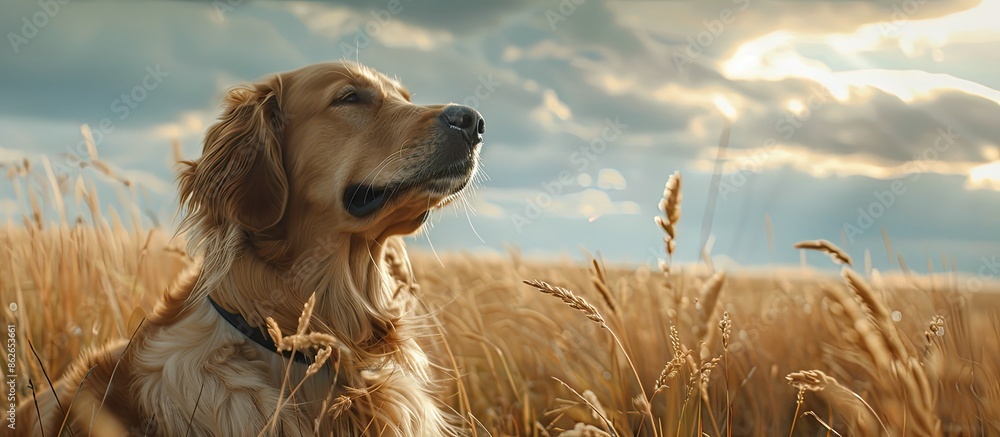 Poster a golden retriever dog enjoying a lovely meadow under a cloudy sky, with space for a picture. copy s