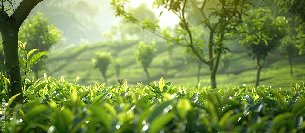 Poster springtime brings about lush green tea trees providing a serene backdrop with ample copy space image