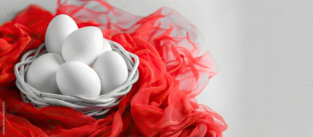 Poster Basket filled with eggs adorned by red and white fabric on a white background creating a visually appealing composition with copy space image.