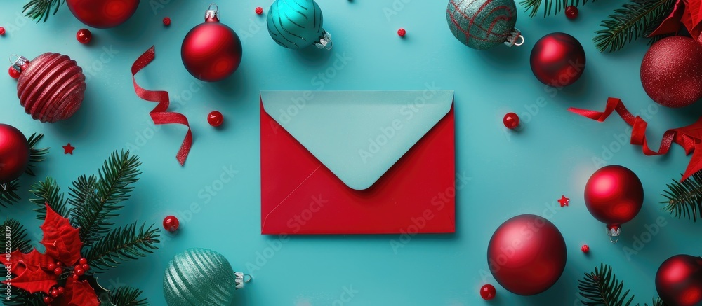 Aufkleber A Christmas-themed envelope surrounded by red and aqua ornaments, set in a flat lay composition with copy space image.