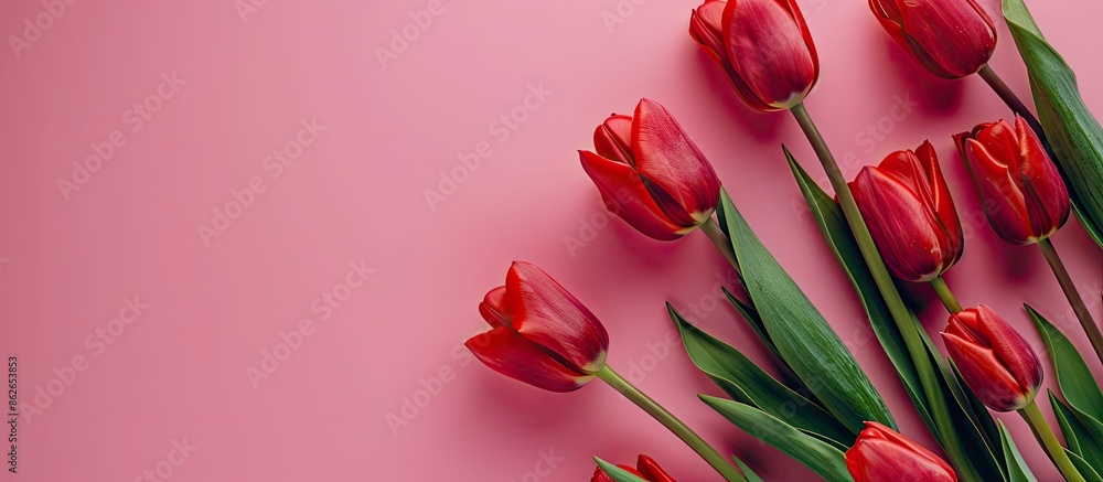 Aufkleber Top view of red tulips on a pink surface with space for text or other images. Copy space image. Place for adding text and design
