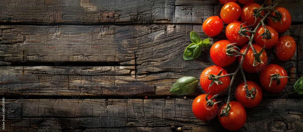 Poster cherry tomatoes on a rustic wooden background with white and black backdrop, providing copy space im