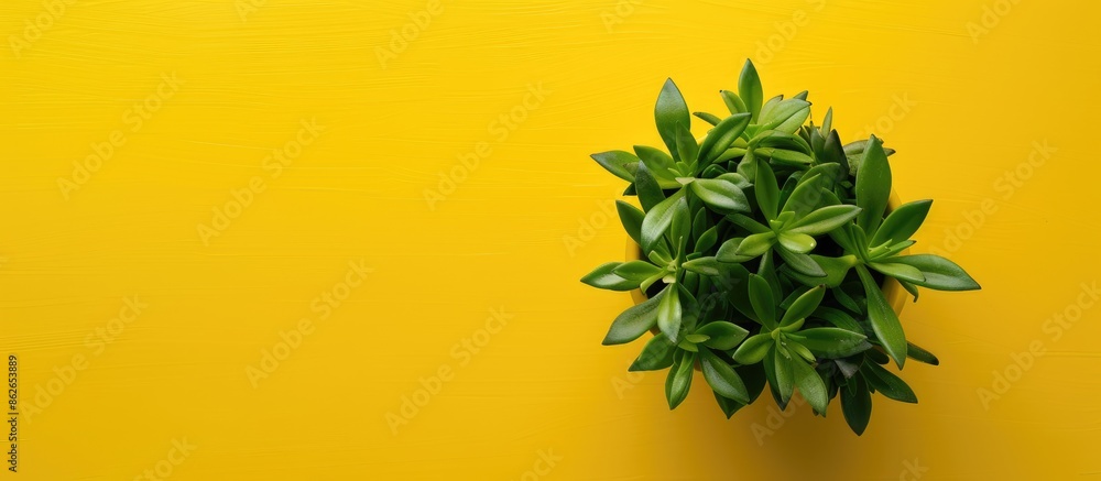 Aufkleber Top view of a small houseplant on a yellow backdrop with copy space image.