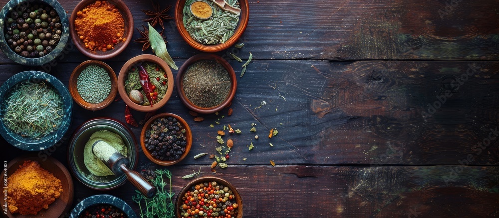 Poster various herbs and spices arranged in a mortar, alongside dried seasonings, displayed on a dark woode