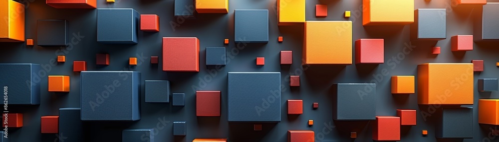 Poster abstract pattern of colorful blocks against a dark background.
