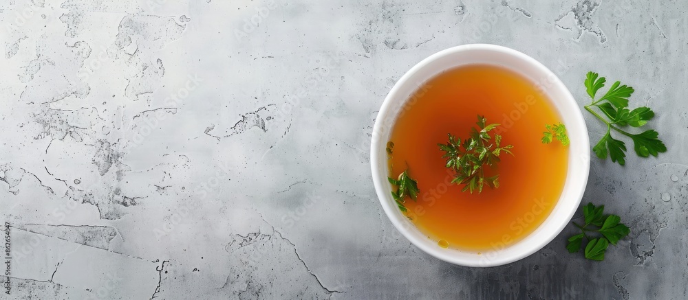 Poster a healthy food concept featuring a bowl of broth on a gray background captured from a top view with 