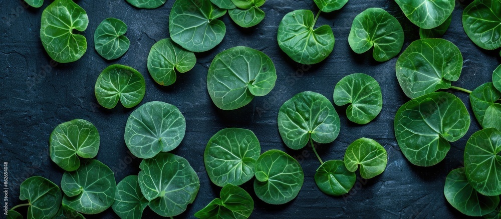 Poster Green sorrel leaves arranged neatly on a dark surface with a top view, allowing for copy space image.