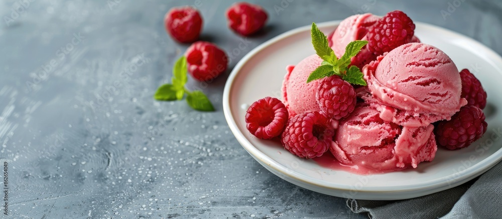 Aufkleber Close-up of Raspberry Sorbet on a white plate set against a gray table background with available copy space image.