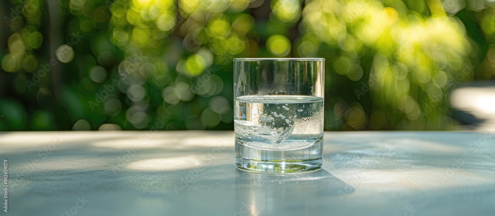 Poster close-up shot of a refreshing glass of water on a light grey outdoor table with a copy space image a