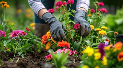 Fototapeta premium A persons hands in black gardening gloves plant flowers in a garden bed filled with blooming flowers