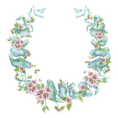 Round floral frame, small pink flowers and eucalyptus. Child care, baby shower, mother's day. Hand drawn watercolor illustration.